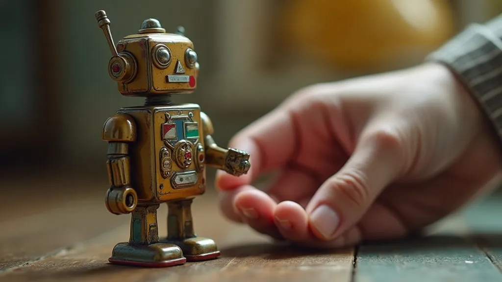 Hand holding a vintage tinplate robot
