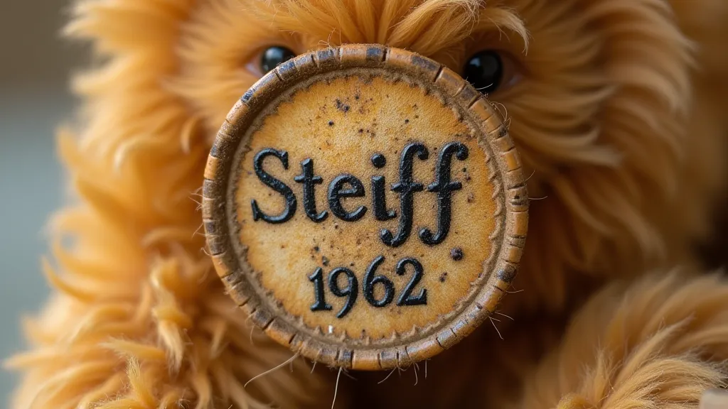 Close-up of a vintage Steiff teddy bear button