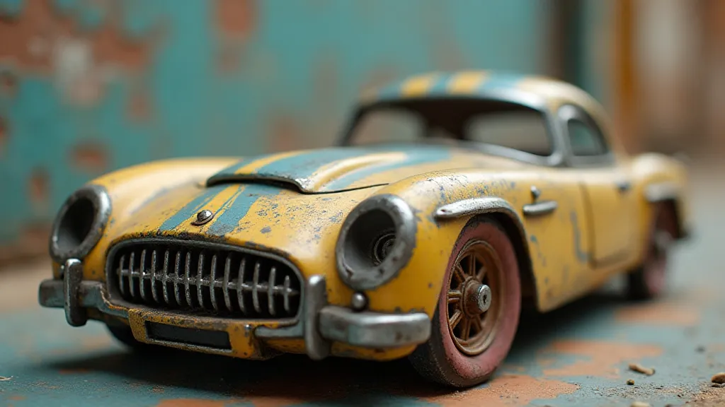 Vintage tin toy car with paint chipping