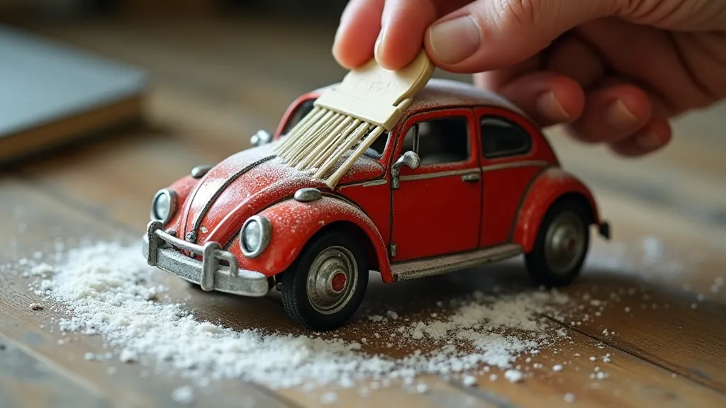 Vintage tin toy car being dusted